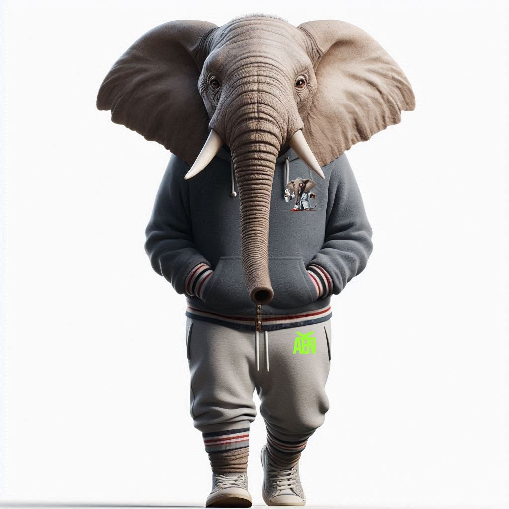 Ein vermenschlichter Cartoon Elefant in einem Hoodie mit einem kleinen Motiv auf der Brust - Dezente Motive für männliche Tollpatsche