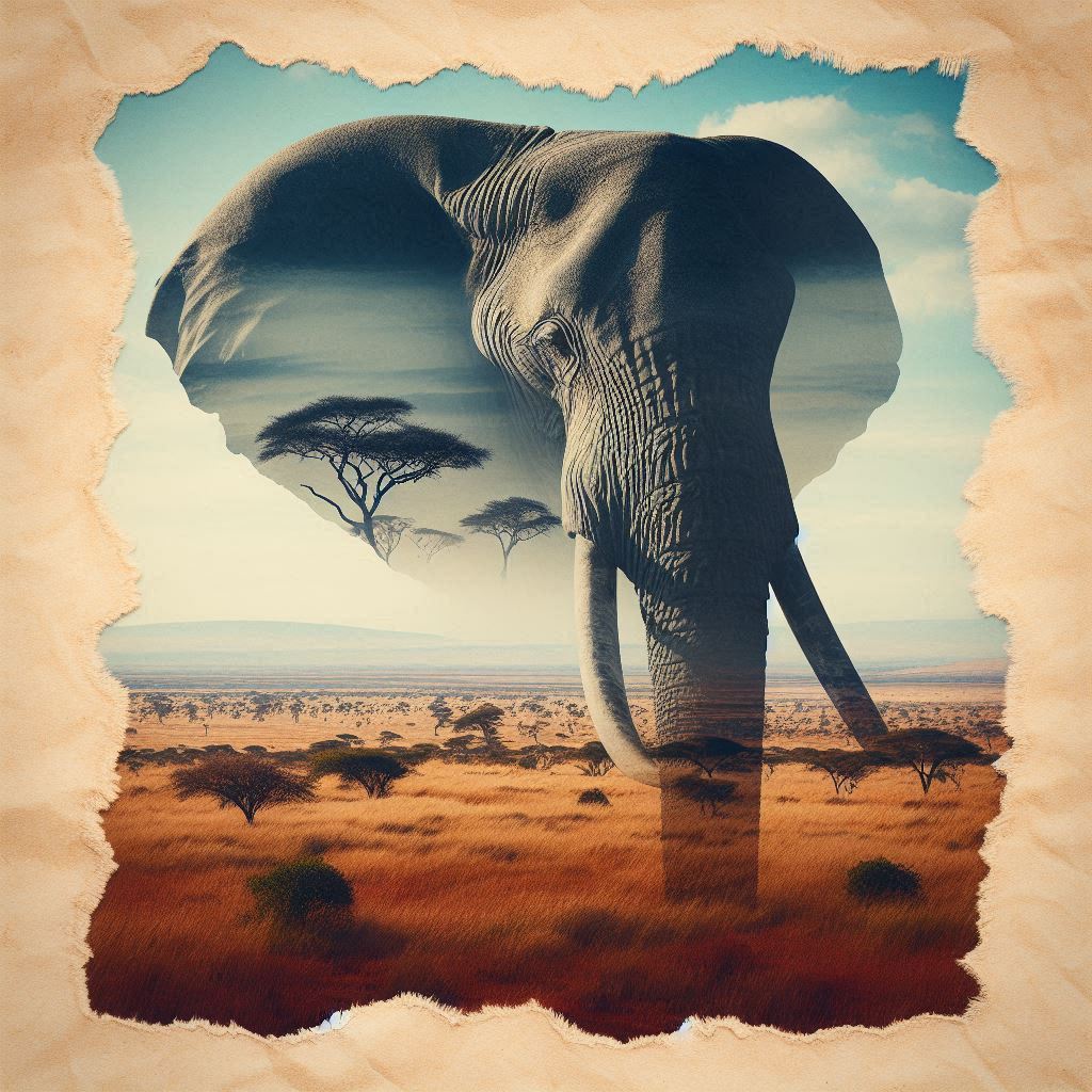 Die Silhouette eines Elefantenkopfes, teilweise durchscheinend, vor einem Bild der afrikanischen Savanne - natürlicher Lebensraum