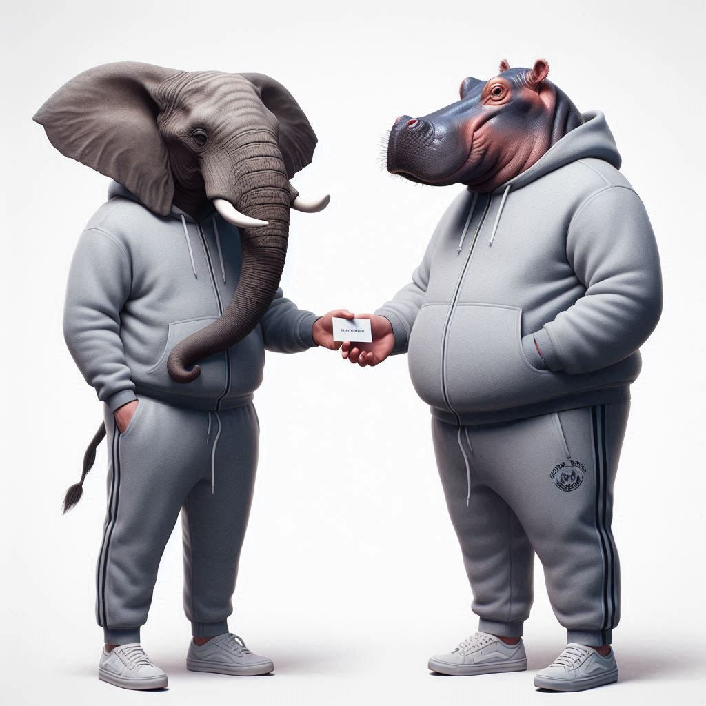 Ein Cartoon Elefant und ein Cartoon Nilpferd vermenschlicht. Der Elefant reicht dem Nilpferd einen Gutschein - Elnika Geschenk Gutscheine