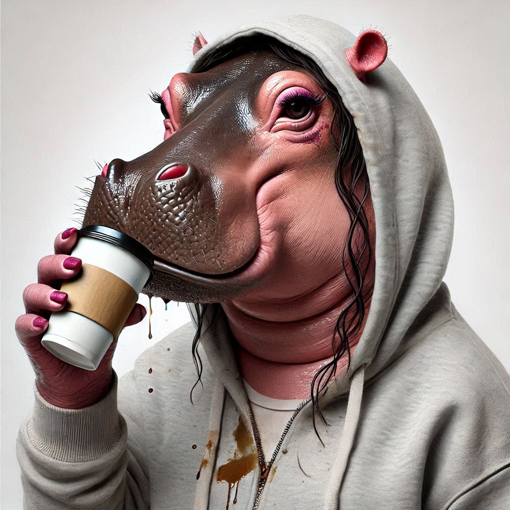 Der Oberkörper eines vermenschlichten weiblichen Cartoon Nilpferdes beim Trinken aus einem Becher. Sie hat sich bekleckert - Hoodies und Sweatshirts für weibliche Tollpatsche
