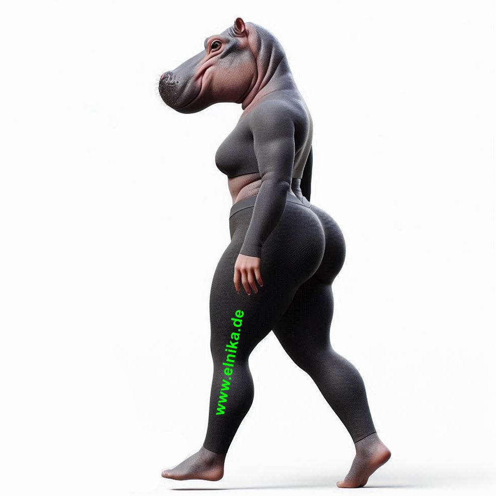 Ein weibliches vermenschlichtes Cartoon Nilpferd in Elnnika Leggins - Hosen für weibliche Tollpatsche