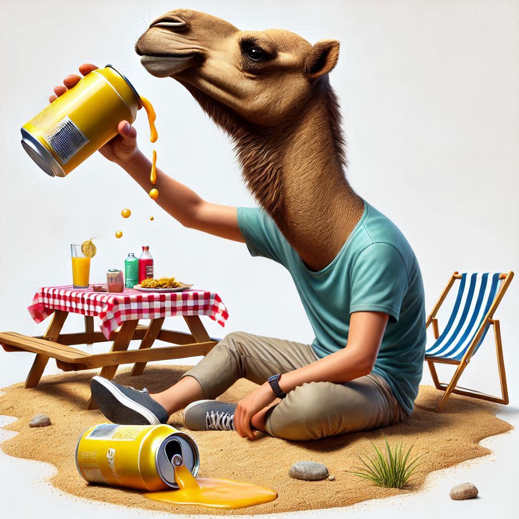 Ein vermenschlichtes Cartoon Kamel beim Picknick - Tollpatschigkeiten aller Art