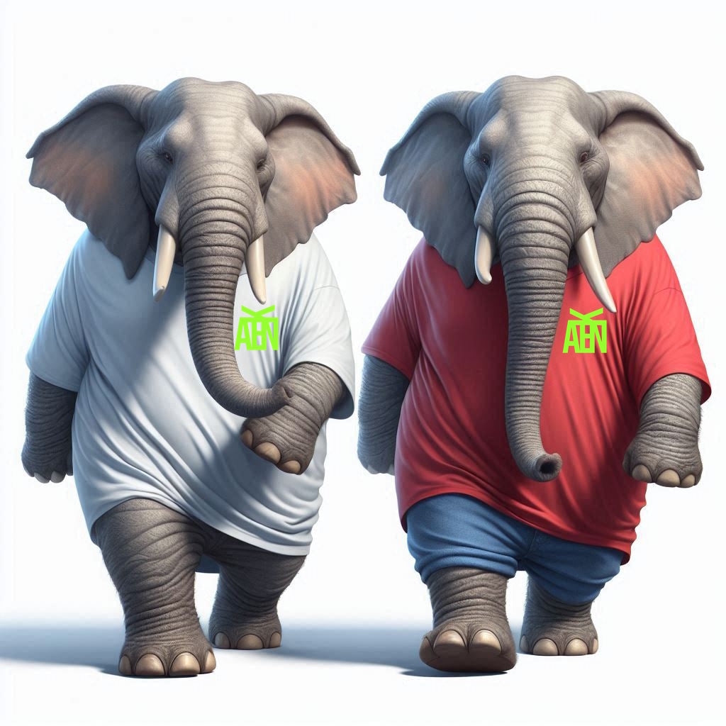 Zwei vermenschlichte Cartoon Elefanten in Oversize T-Shirts. Kategorie Oversize Shirts unisex