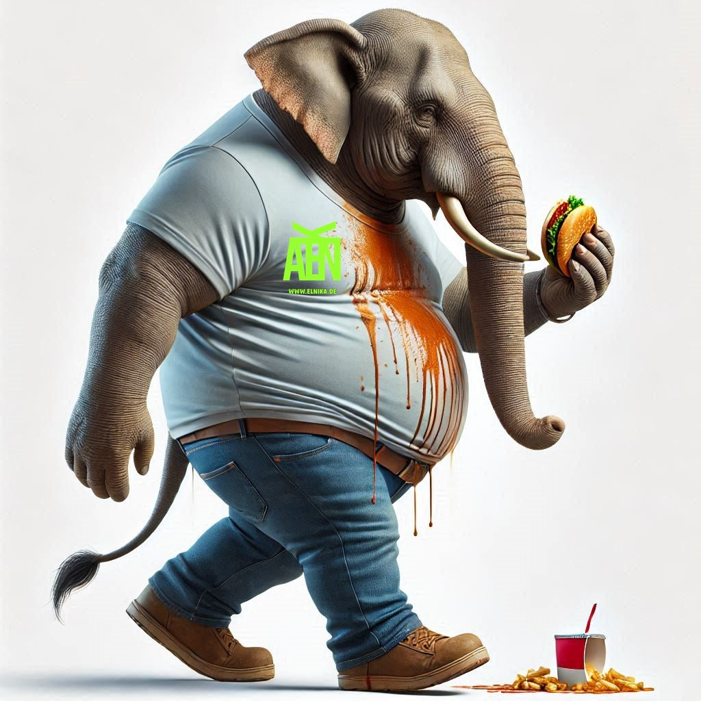 Ein vermenschlichter Cartoon Elefant, der gerade einen Burger isst und sich vollkommen bekleckert hat.T Shirts für männliche Tollpatsche