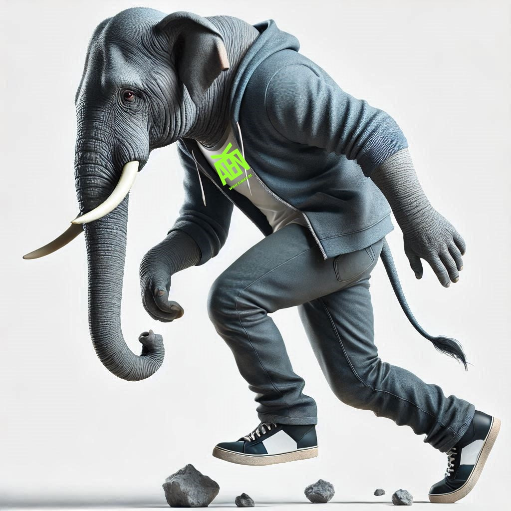 Ein vermenschlichter Cartoon Elefant, der über etwas stolpert - männliche Tollpatsche